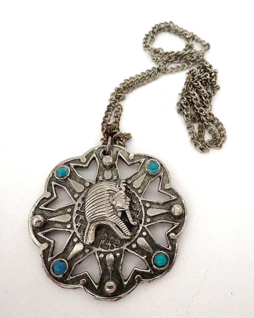 Vintage Zilverkleurige Ketting met Egyptische Hanger, Sieraden, Tassen en Uiterlijk, Overige materialen, Gebruikt, Ophalen of Verzenden