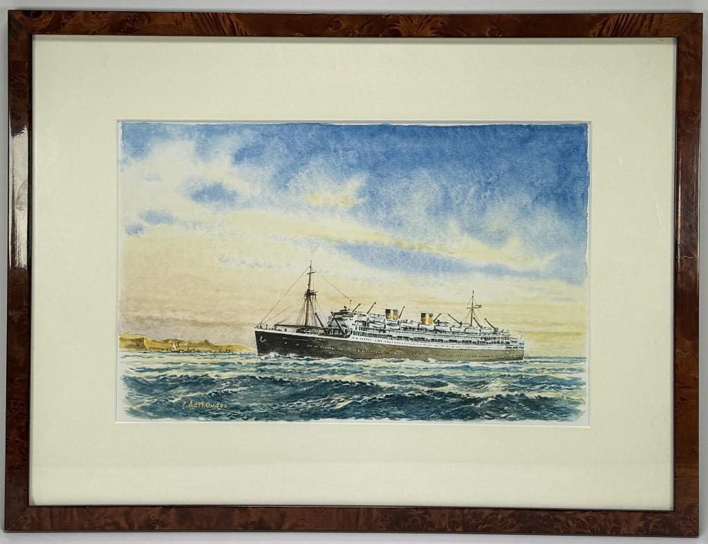 315. Aquarel, Ad M. Oudes – schip op zee, Nederland., Ophalen of Verzenden