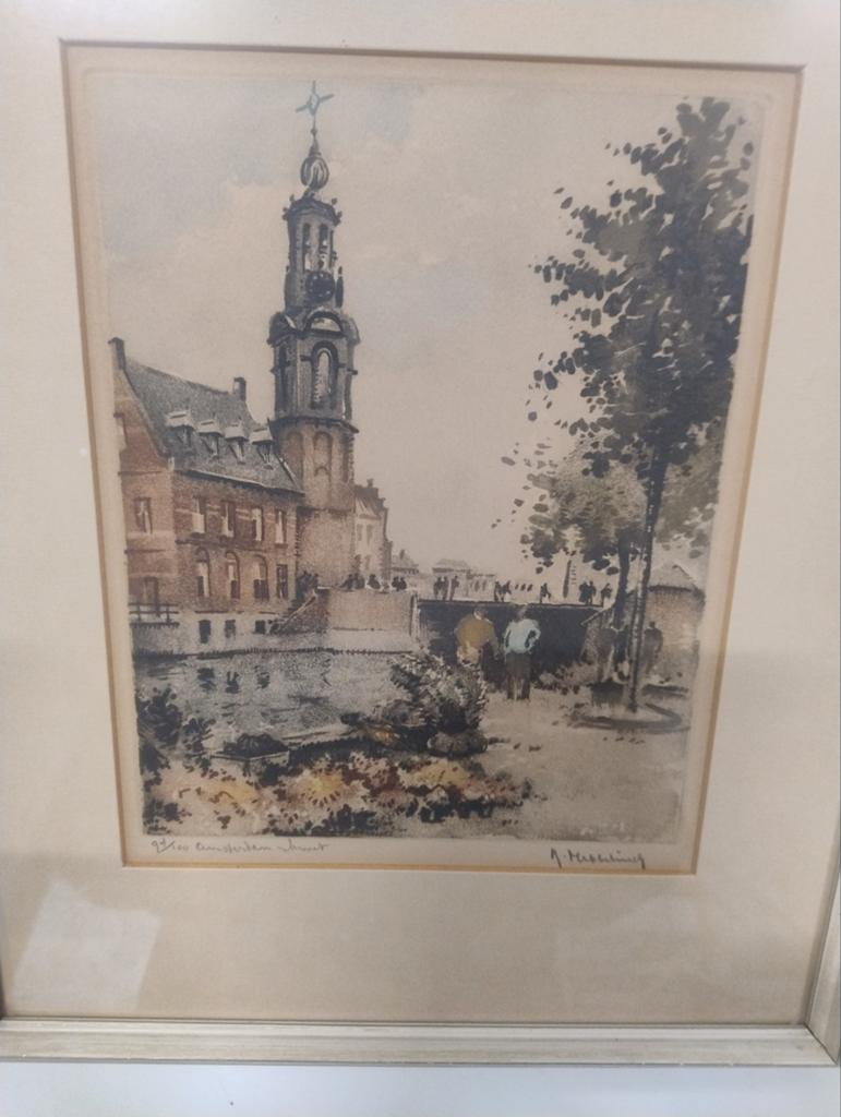Ets Roger Hebbelinck - Munttoren Amsterdam (94/100), Antiek en Kunst, Kunst | Etsen en Gravures, Stadsgezicht, Ophalen of Verzenden