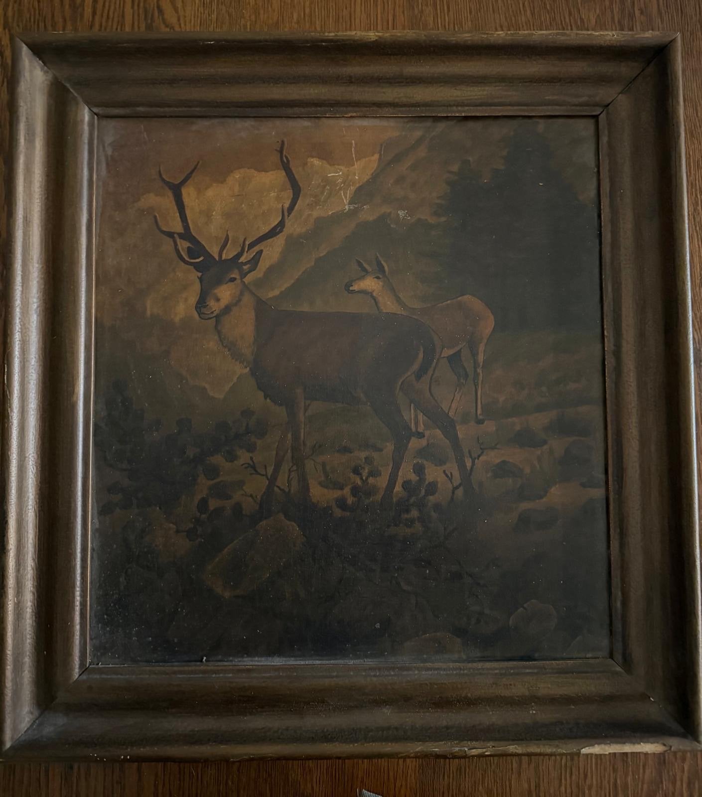 Klassiek schilderij met herten in bos, Ophalen, Doek, Dieren, Gesigneerd