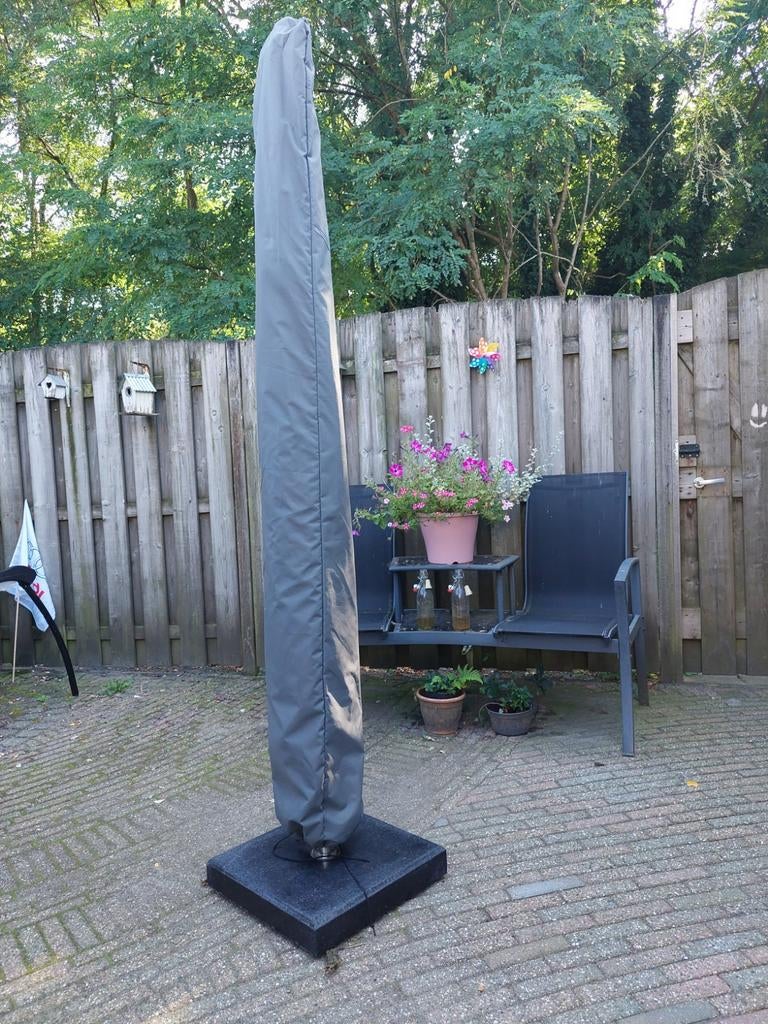 Stokparasol met voet en hoes - Bruin, Ophalen of Verzenden, Gebruikt, 2 tot 3 meter, Stokparasol