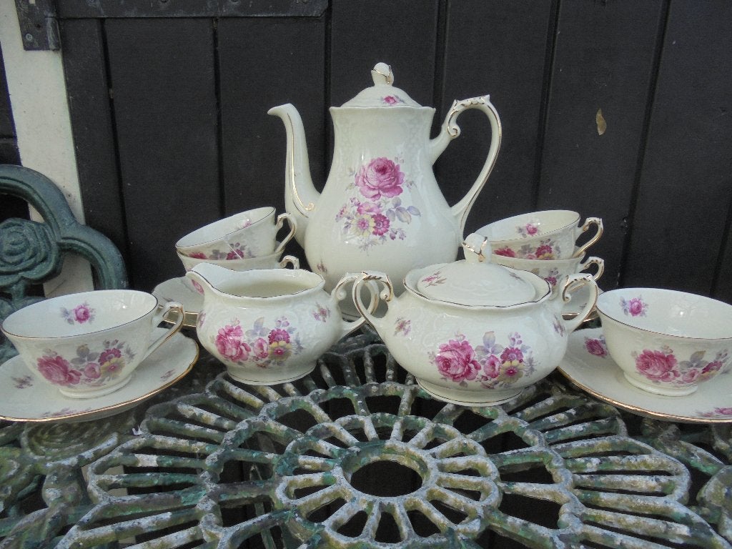 Koffieservies + Terrine MOSA met bloemboeket, roze roos geel, Ophalen of Verzenden