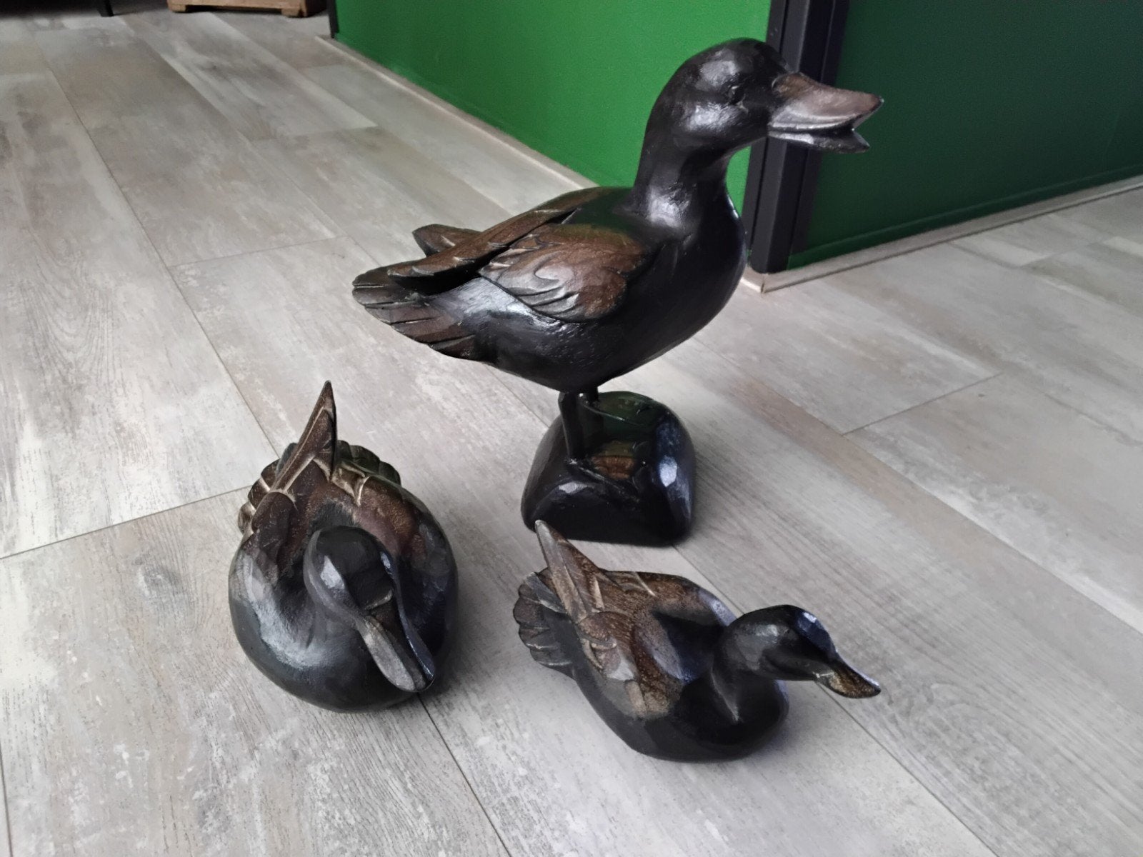 Set van 3 Oude Houten Eenden - Decoratieve Beelden, Antiek en Kunst, Ophalen of Verzenden