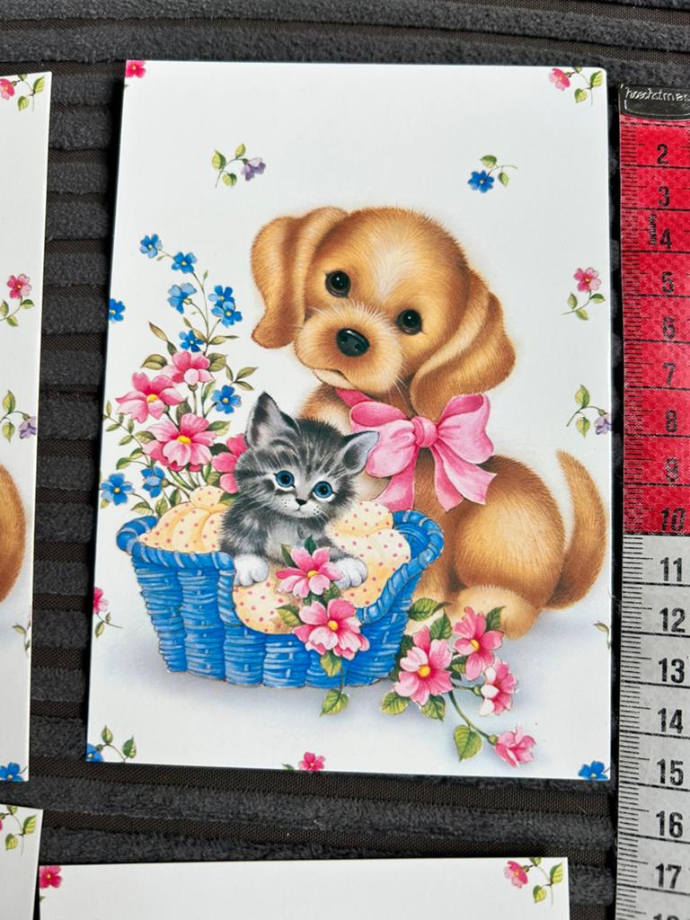 15.Vintage kinderkaart Hond poesje mand bloemen, Ophalen of Verzenden, Ongelopen, Kinderen