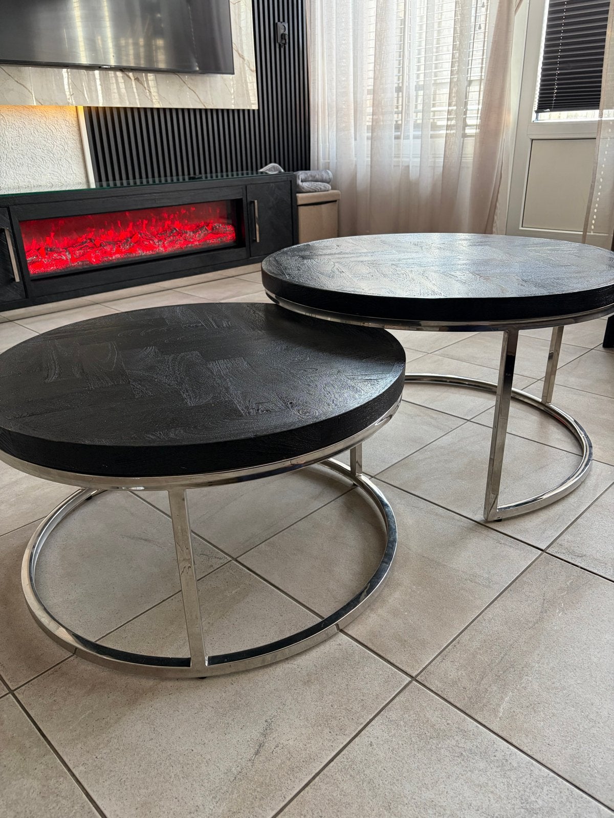 Salon- en eettafelset met stoelen en gratis glasplaat, Ophalen, Gebruikt, 100 tot 150 cm, Rond