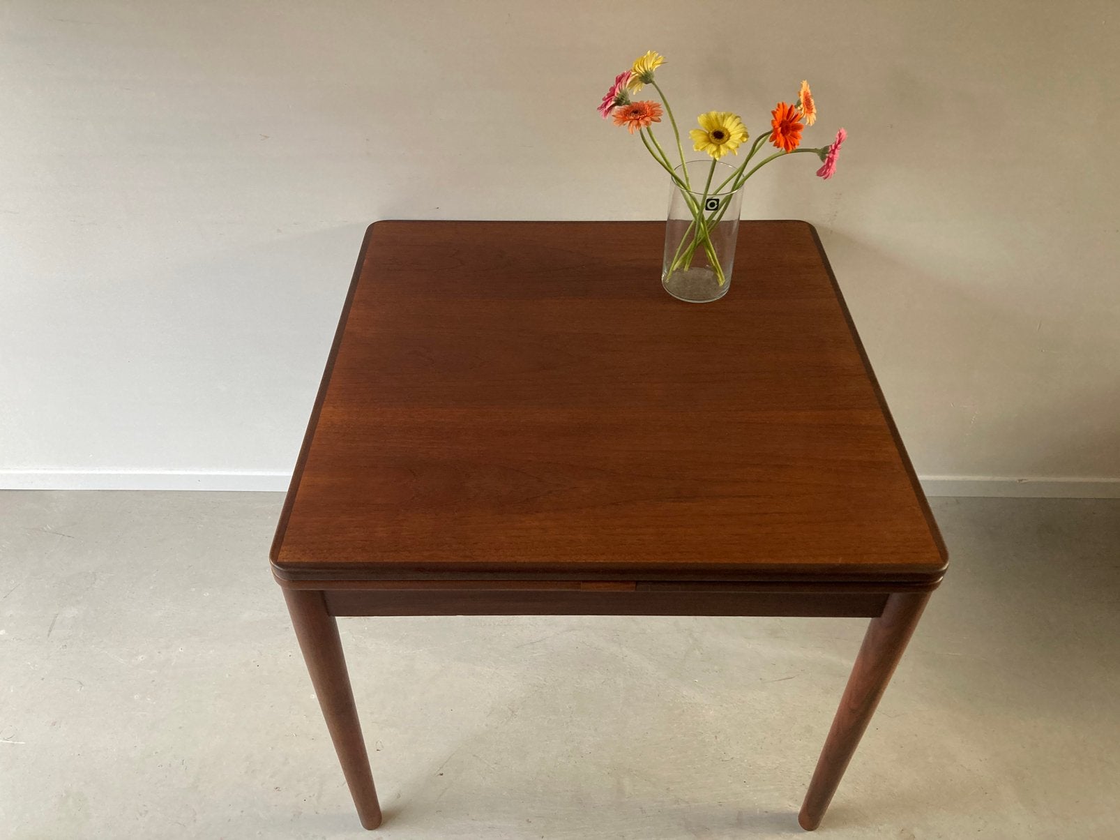 Midcentury vintage teak eettafel vierkant uitschuifbaar, Ophalen, Gebruikt, 100 tot 150 cm, 50 tot 100 cm