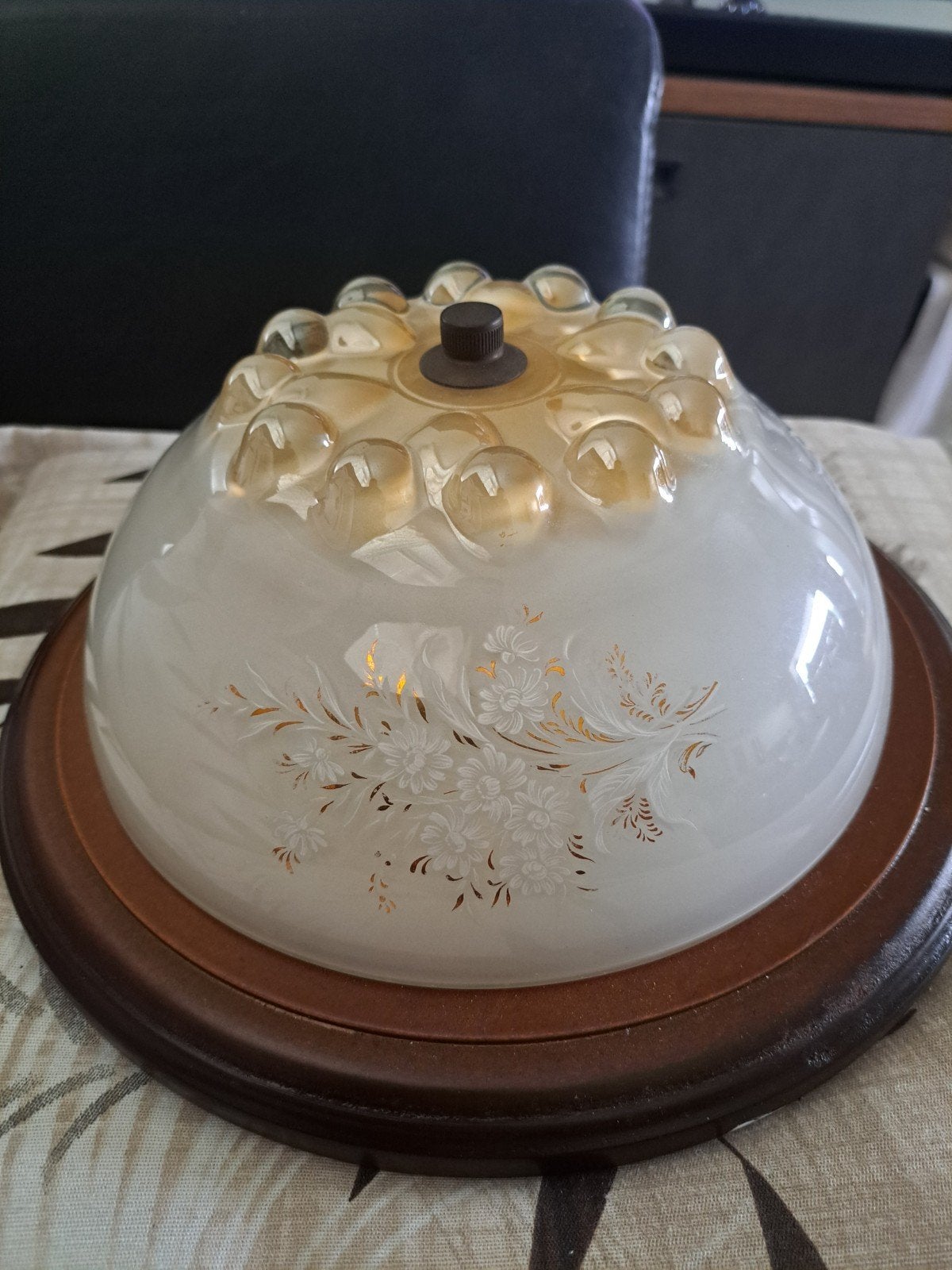 Vintage Plafondlamp met Houten Rand en Glazen Kap, Huis en Inrichting, Gebruikt, Vintage, Meerkleurig, Ophalen of Verzenden