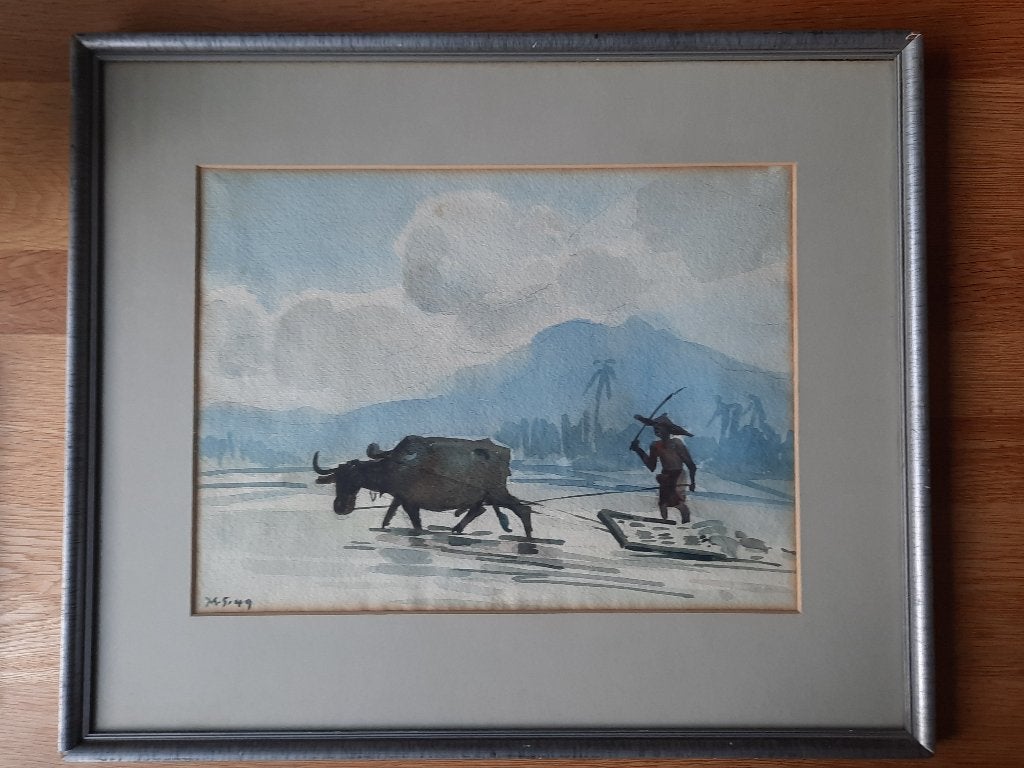 Young Mun Sen (Malaysian, 1896-1962) aquarel ploegende boer, Ophalen of Verzenden