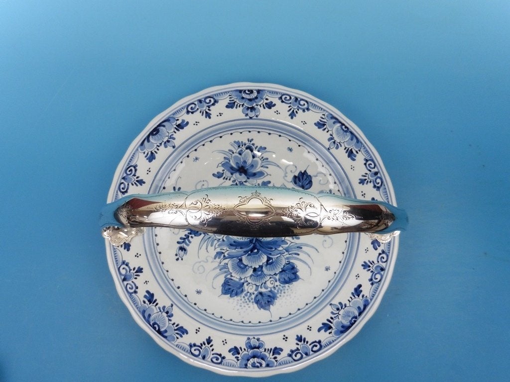 Delfts blauw bord met zilveren handvat, Ophalen of Verzenden