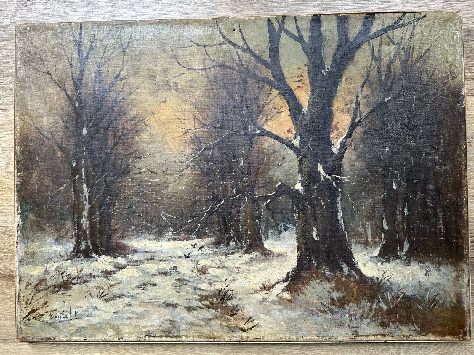 Olieverfschilderij: Winters Landschap met Bomen, Antiek en Kunst, Kunst | Schilderijen | Klassiek, Doek, Realistisch, Ophalen of Verzenden