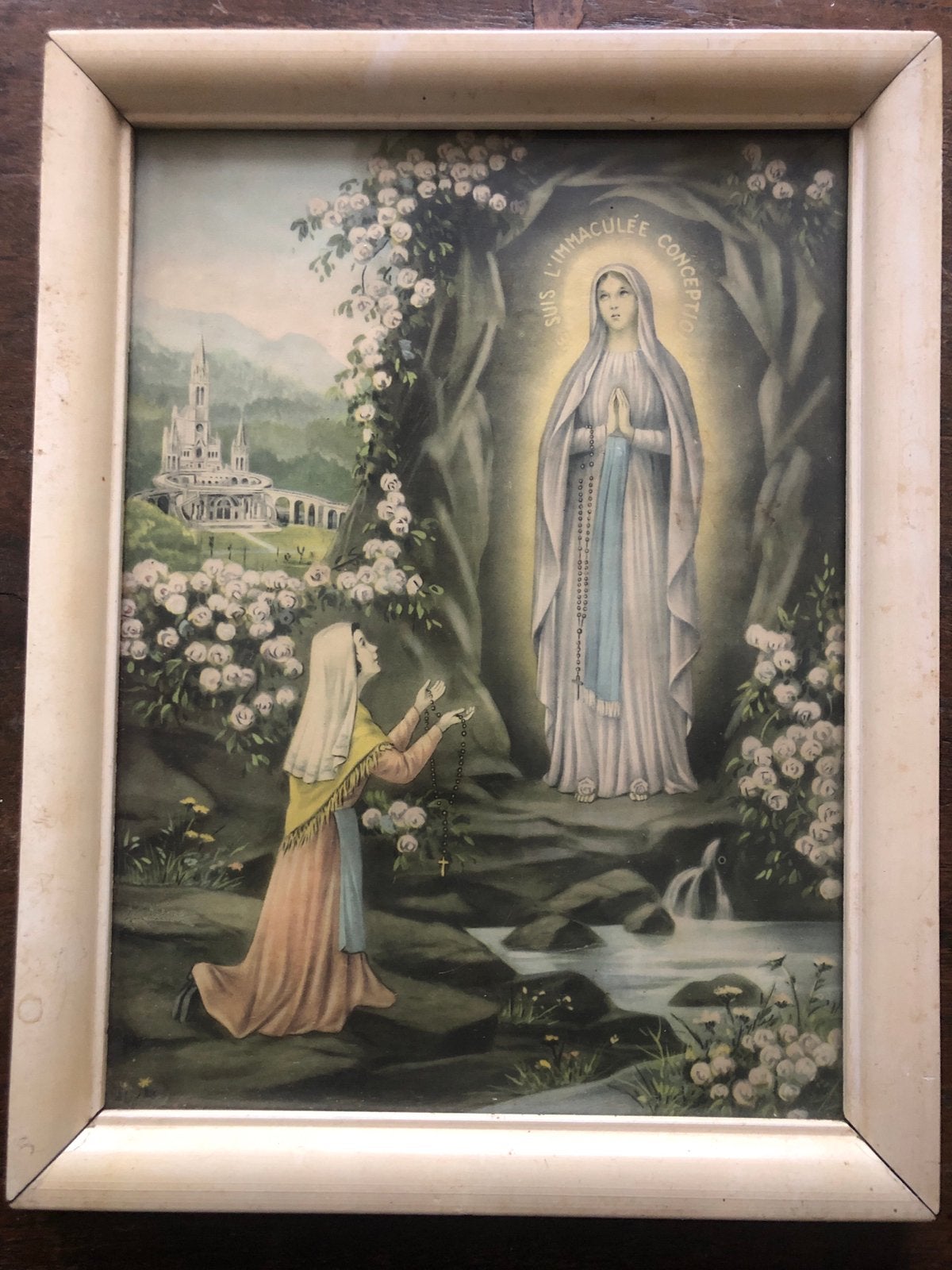 Vintage Herdenkingsprent van Lourdes, Antiek en Kunst, Ophalen of Verzenden