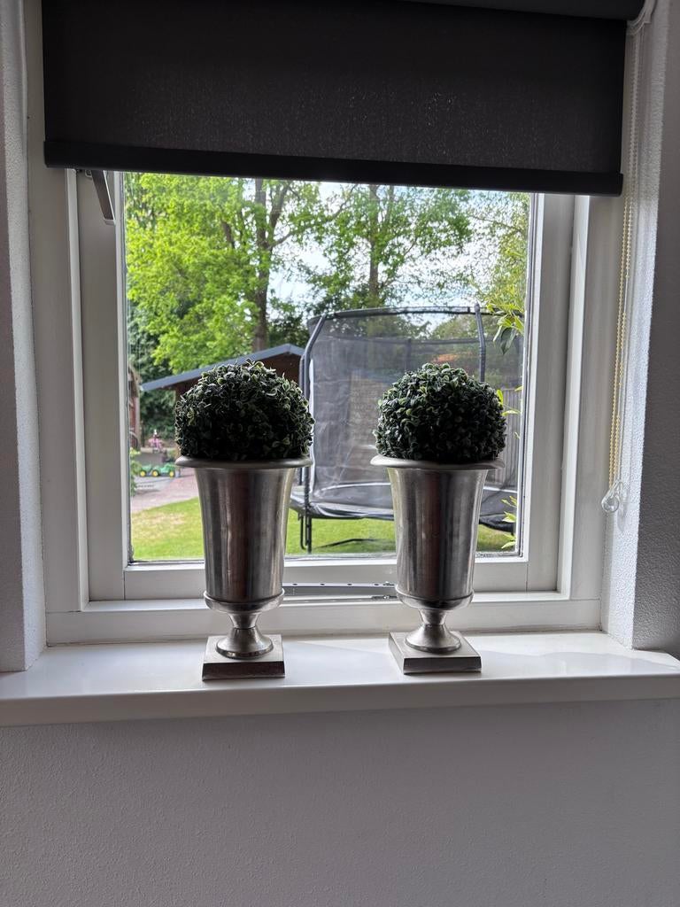 Set van 2 vazen op voet zilver met kunst buxus bollen, Ophalen, Overige materialen, Gebruikt, Overige kleuren
