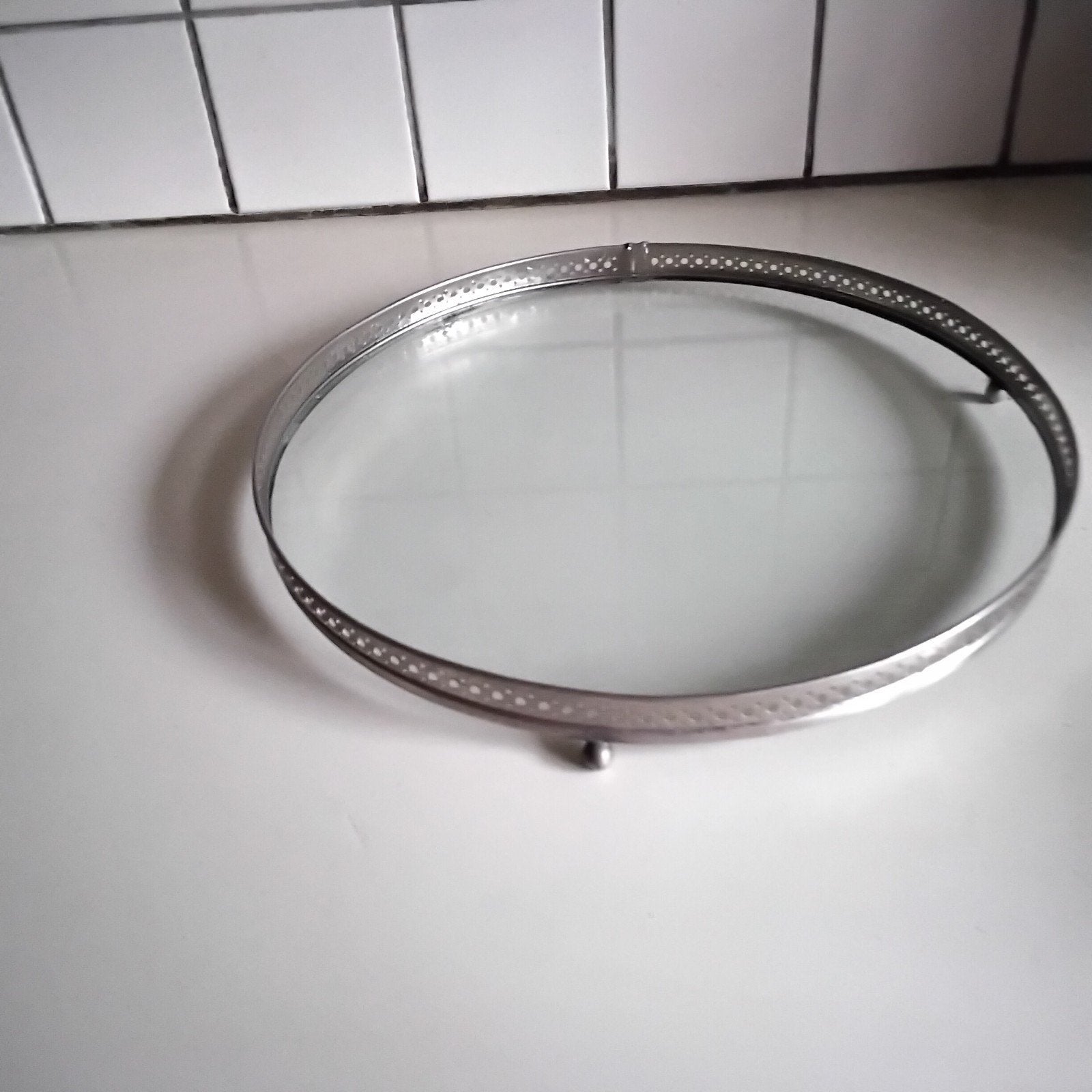 Glazen dienblad op 3 voetjes, Huis en Inrichting, Woonaccessoires | Dienbladen, Ophalen of Verzenden, Rond