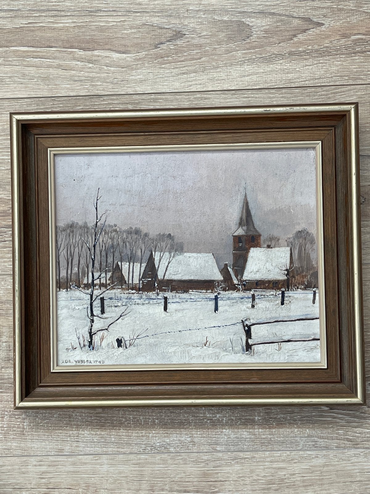 Schilderij Winterlandschap met kerk en boerderijen, Doek, Realistisch, Ophalen of Verzenden, Gesigneerd