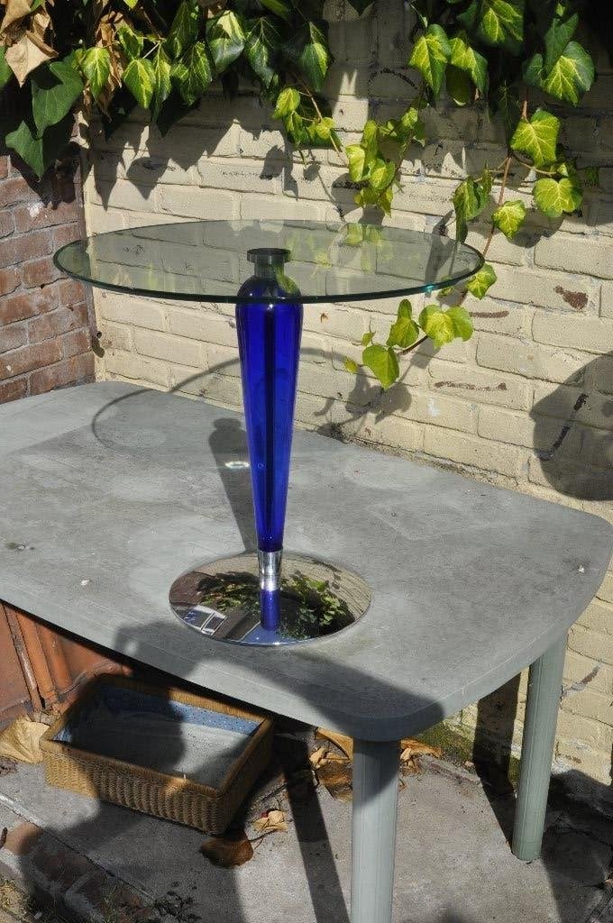Rond glazen tafeltje chromen voet blauwe staander, Ophalen