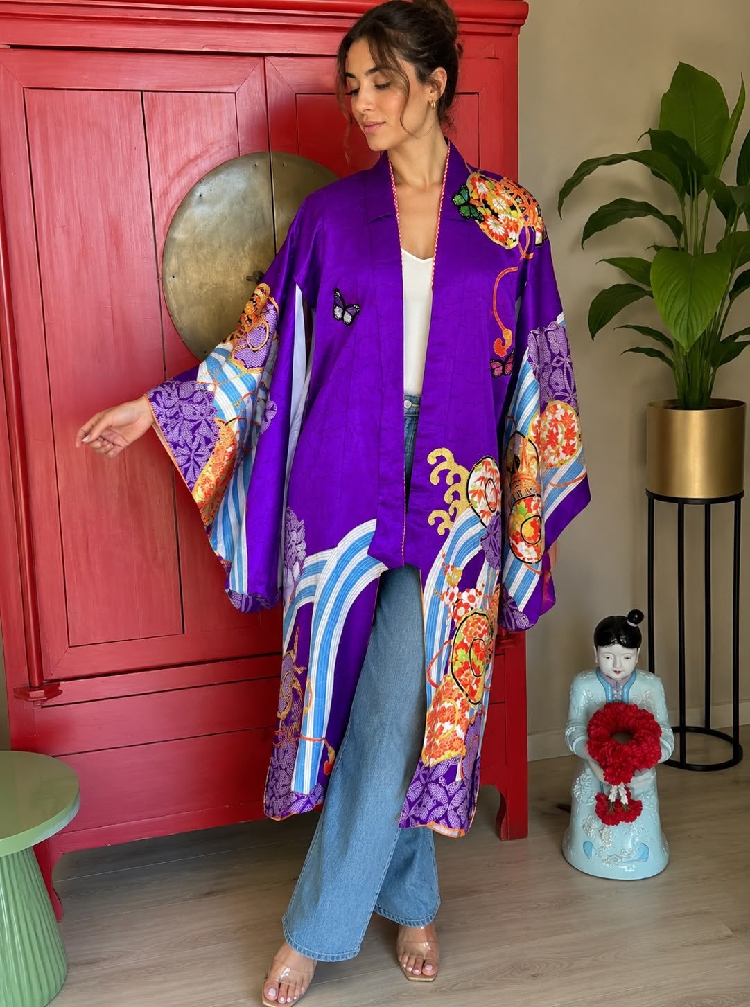 Furisode Kimono Paars Zijde Geborduurd Vintage S, Verzenden, Gedragen
