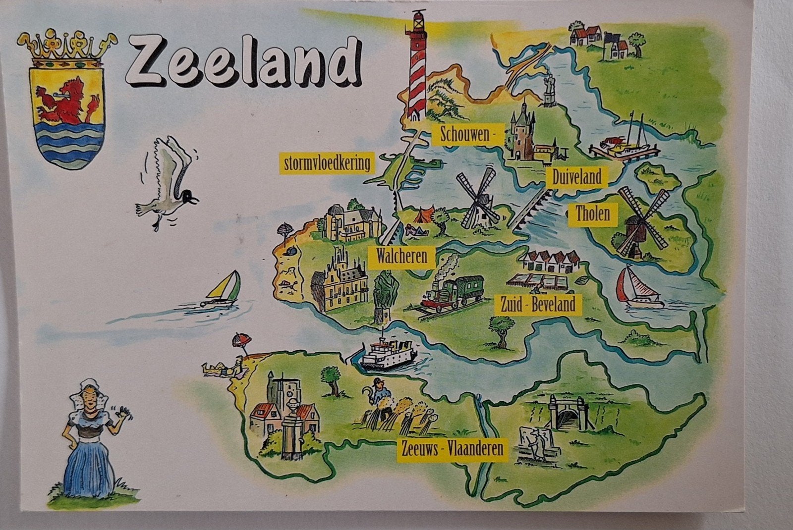 Oude ansichtkaart Zeeland - Kaart met bezienswaardigheden, Verzamelen, Ansichtkaarten | Nederland, Ophalen of Verzenden, 1960 tot 1980