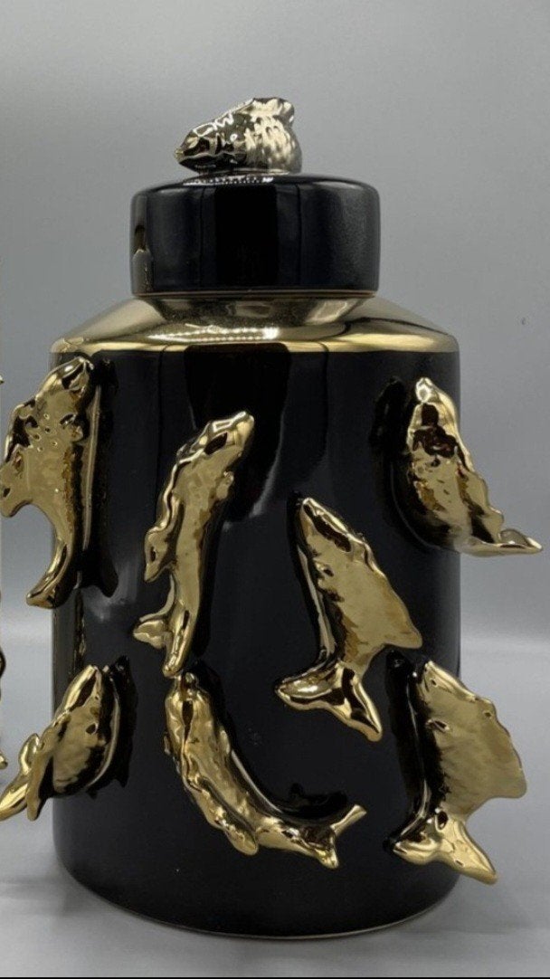Design zwarte 3d pot met gouden karper vissen jar, Zwart, Nieuw, Ophalen of Verzenden, Modern
