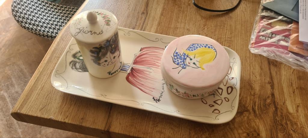 Vintage Fiorella dienblad met potjes - Handgeschilderd, Antiek en Kunst, Antiek | Keramiek en Aardewerk, Ophalen of Verzenden