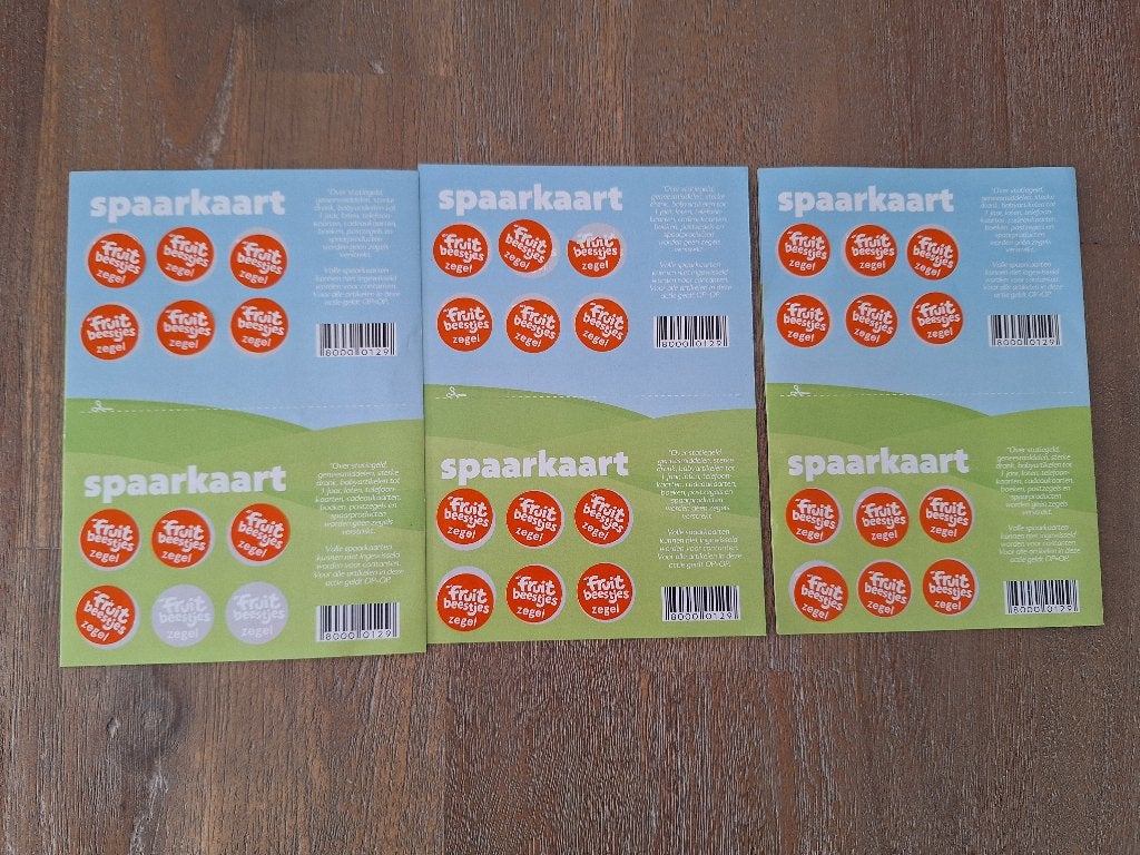 5 spaarkaarten + 4 zegels voor fruitbeestjes knuffels Coop, Coop, Ophalen of Verzenden