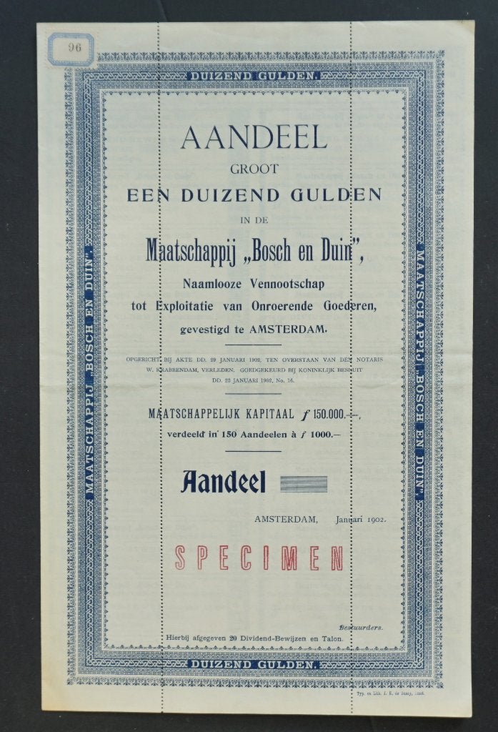 Maatschappij Bosch en Duin N.V. (villawijk Bilthoven-Zeist), Postzegels en Munten, Verzenden, Voor 1920, Aandeel