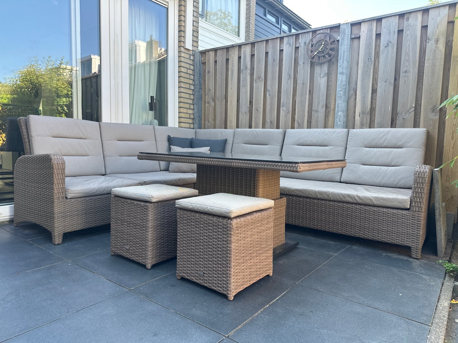 Lounge-/tuinset wicker met tafel en hockers, Gebruikt, Meer dan 8 zitplaatsen, Ophalen of Verzenden, Loungeset