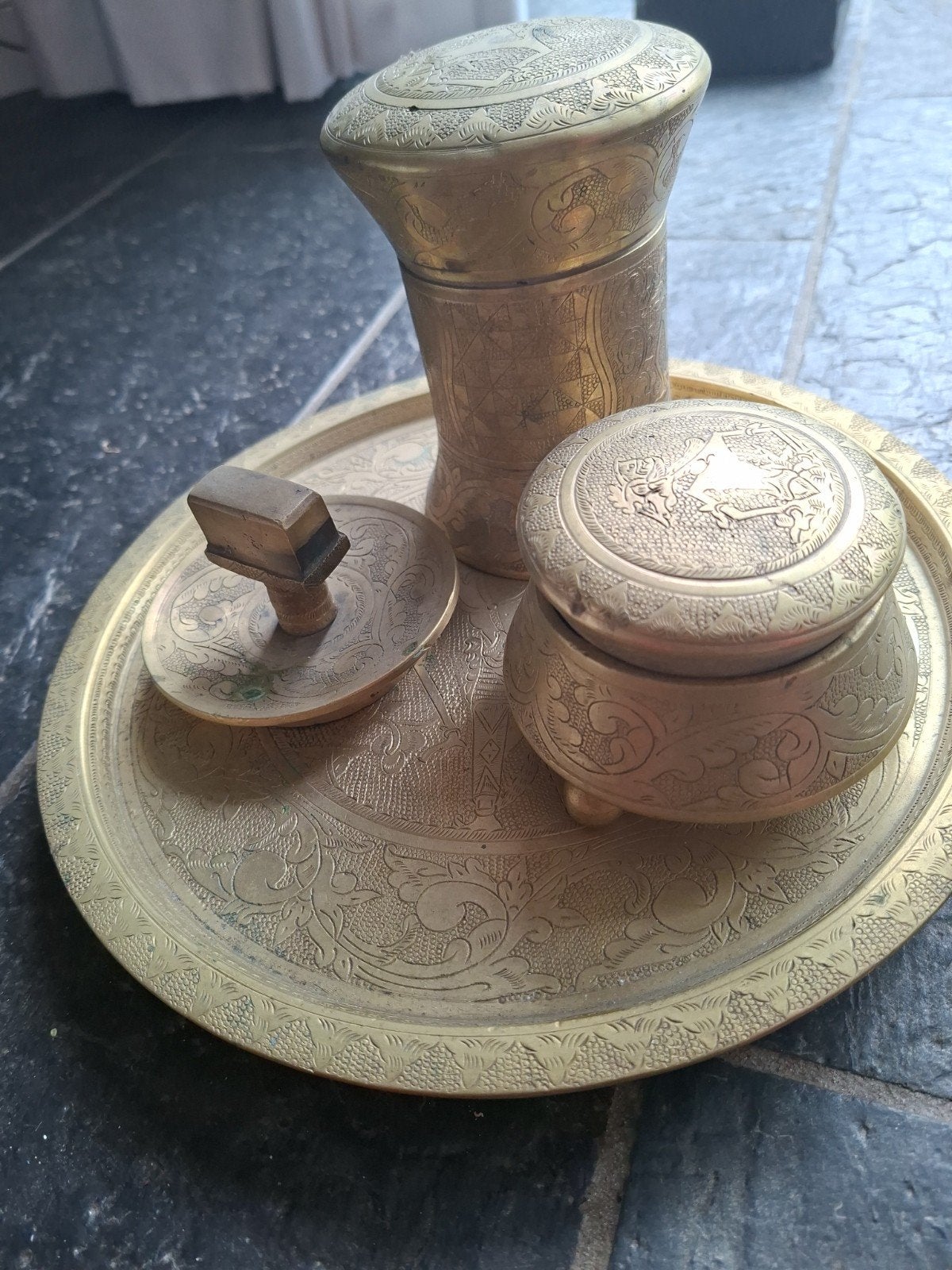 Antieke Koperen Dienblad Set met Potten, Antiek en Kunst, Antiek | Koper en Brons, Ophalen, Koper