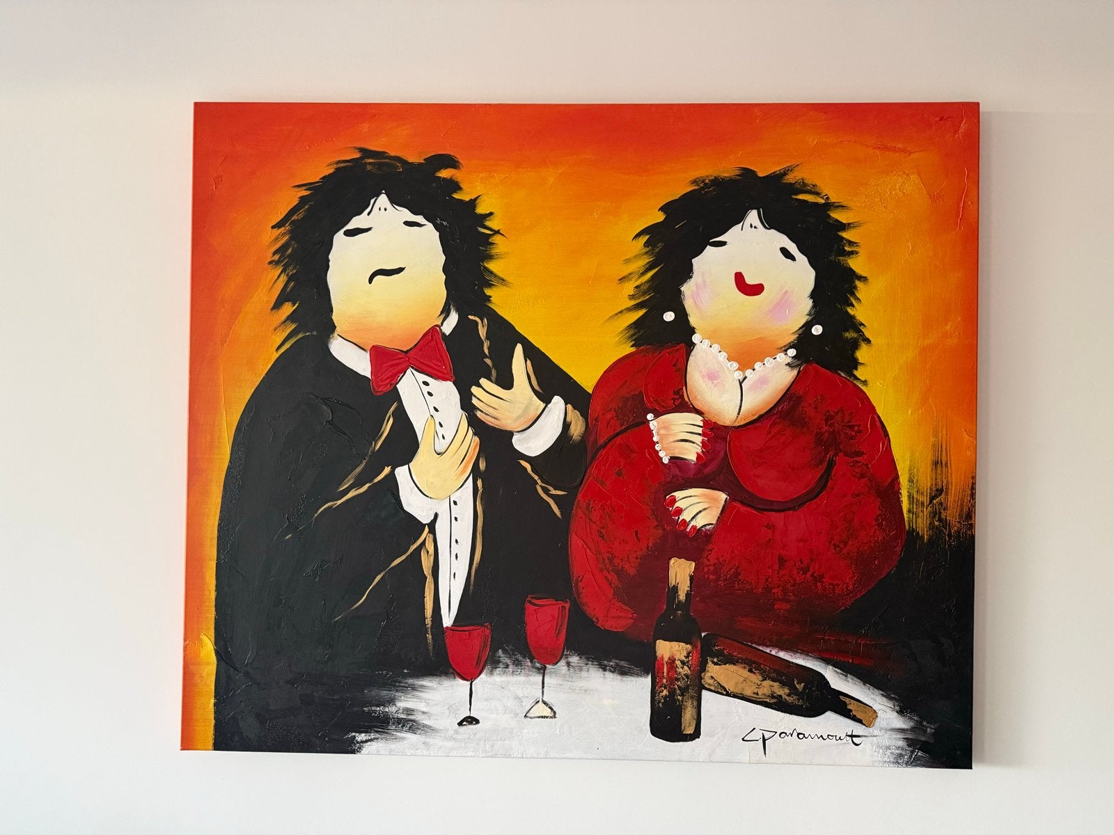 Schilderij 120x100 cm - 'De Wijnliefhebbers', Antiek en Kunst, Verzenden, Gesigneerd, Textiel, Figuren