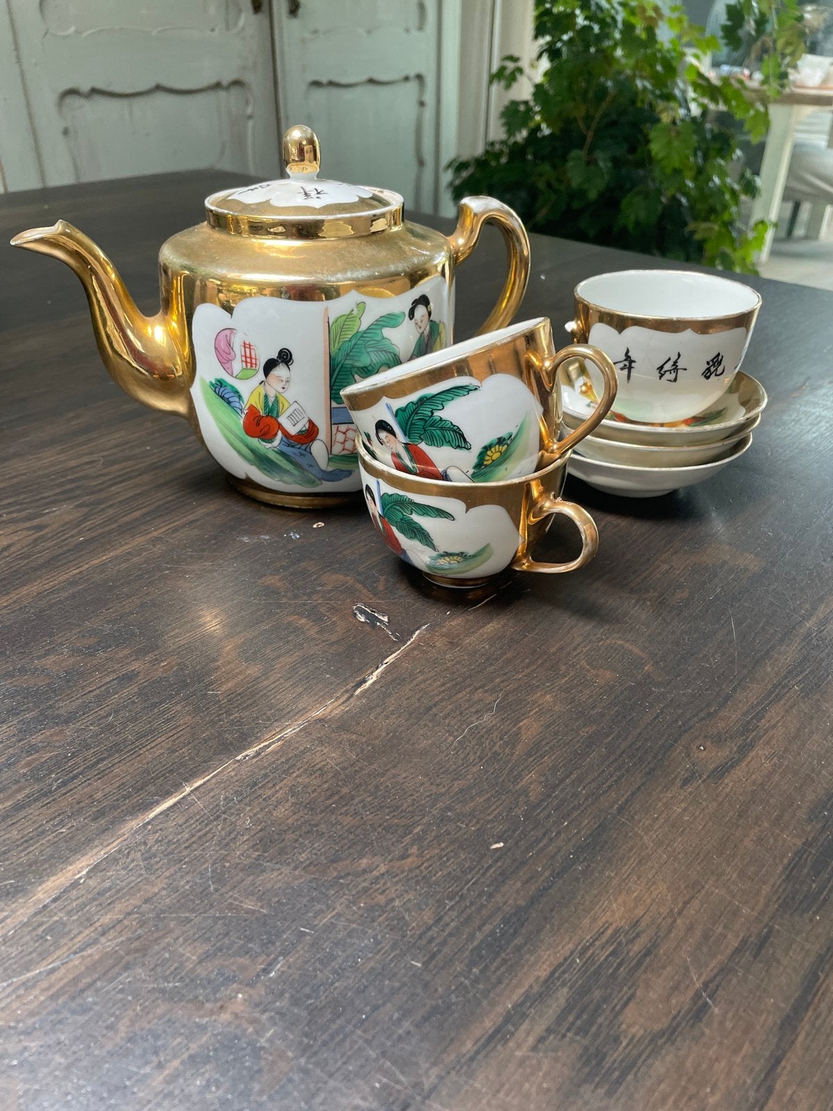 Vintage Chinees theeservies met gouden accenten, Antiek en Kunst, Ophalen of Verzenden