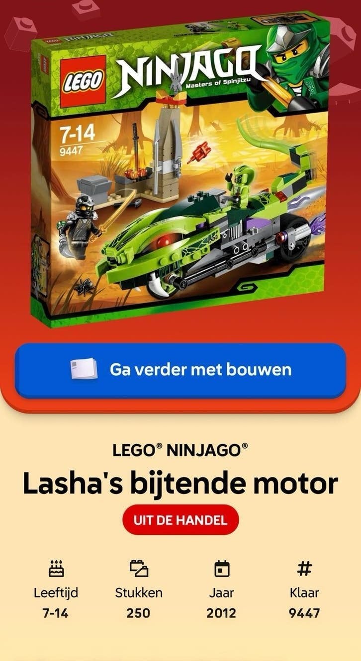 Lego Ninjago 9447 Lasha's bijtende motor compleet, Kinderen en Baby's, Speelgoed | Duplo en Lego, Gebruikt, Lego, Ophalen of Verzenden