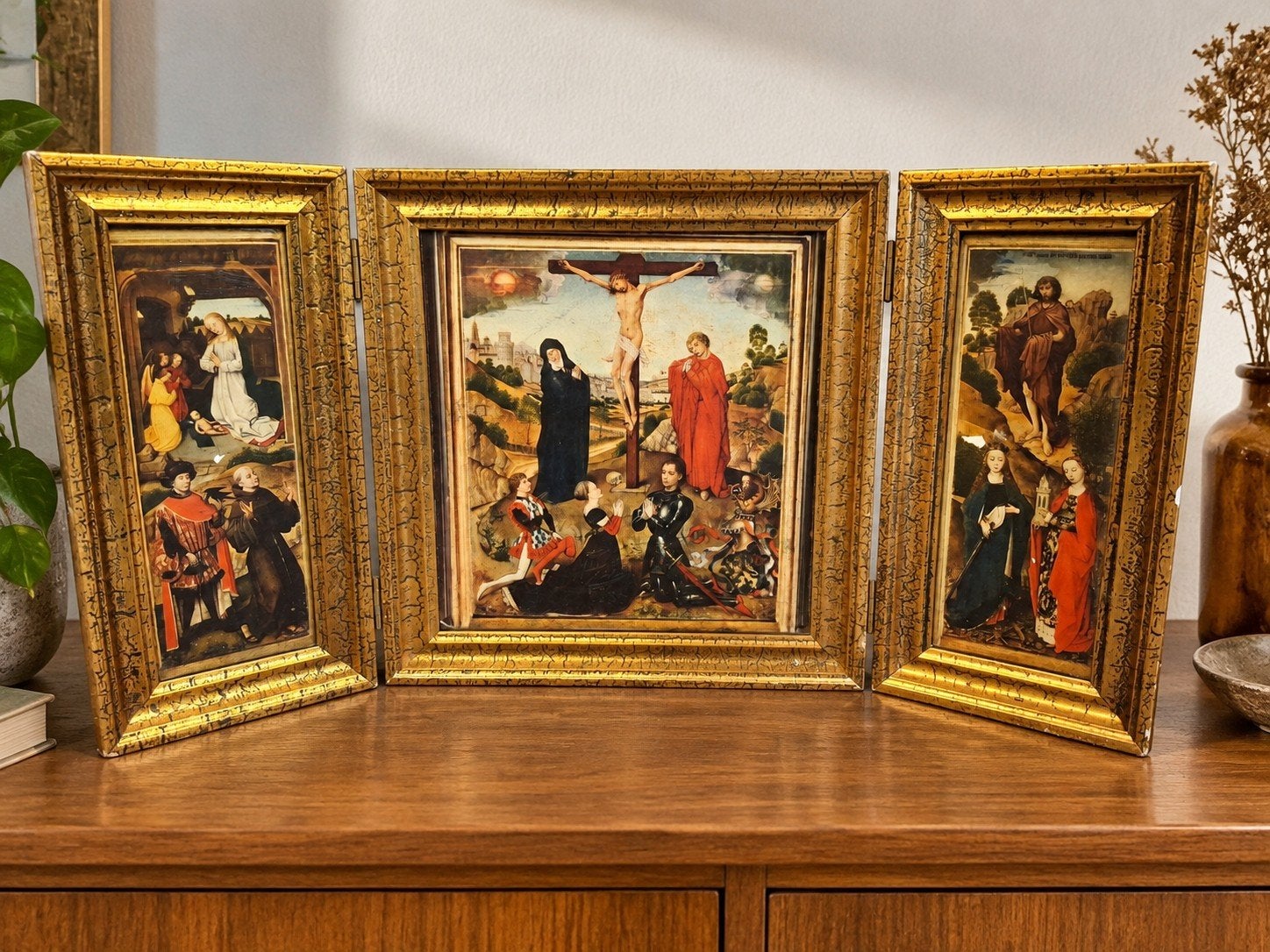 Vintage Religieus Drieluik - Kruisiging & Heiligen, Ophalen of Verzenden