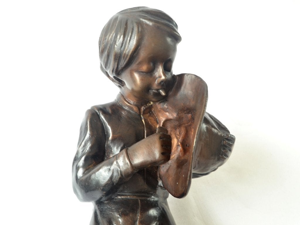 A. MOREAU – Jongen die peuk aansteekt, Bronzen Beeld 33 cm, Brons, 20 - 50 cm, Beeld, Bruin