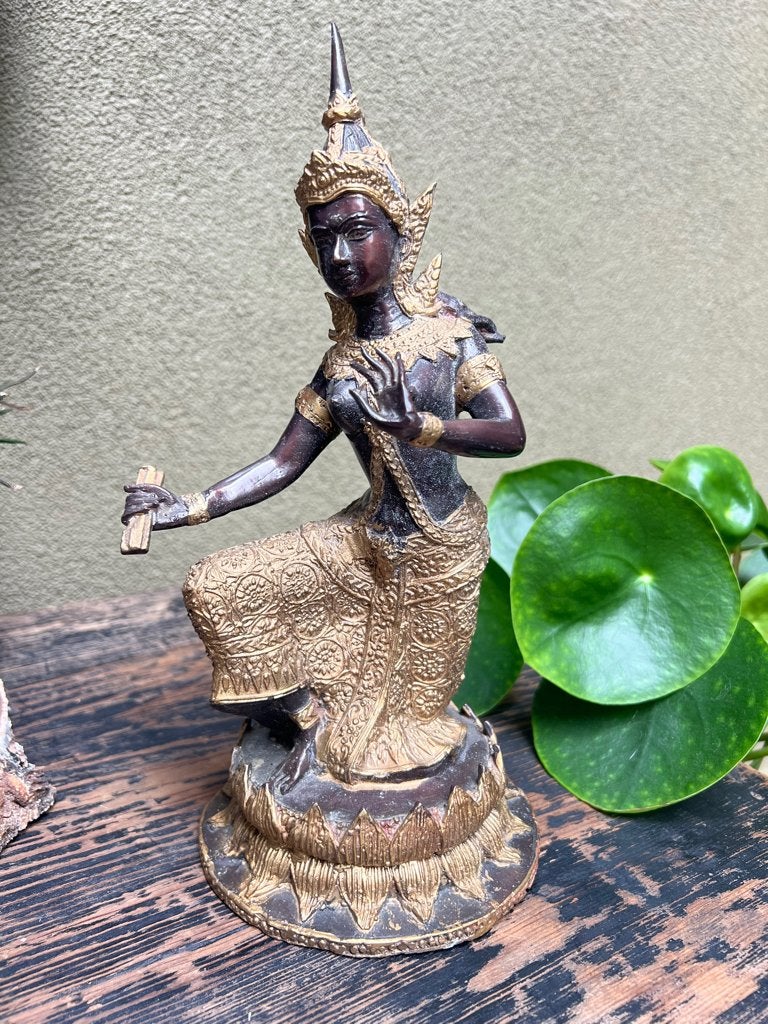 Thailand boeddha danseres brons verguld Thaise 27 cm, Verburgt Vintage, Metaal, Massief, 27 cm