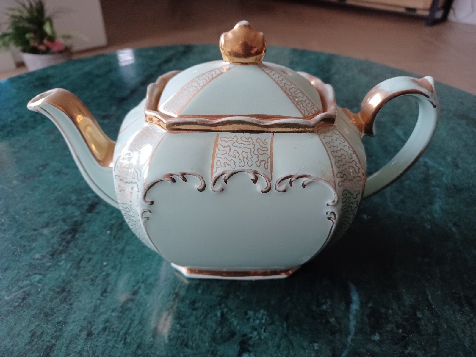Prachtige Oude Kubus Sadler Theepot - Mintgroen met Goud, Ophalen of Verzenden