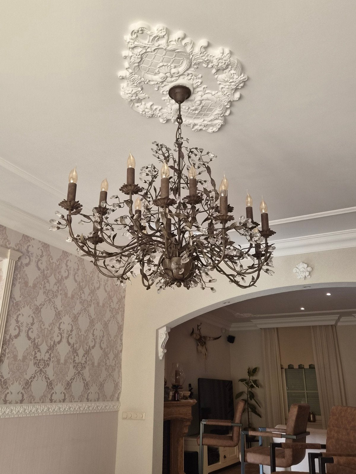 Prachtige Antieke Kroonluchter met Kristallen, Huis en Inrichting, Ophalen, Gebruikt, Glas, Antiek, Klassiek, Barok