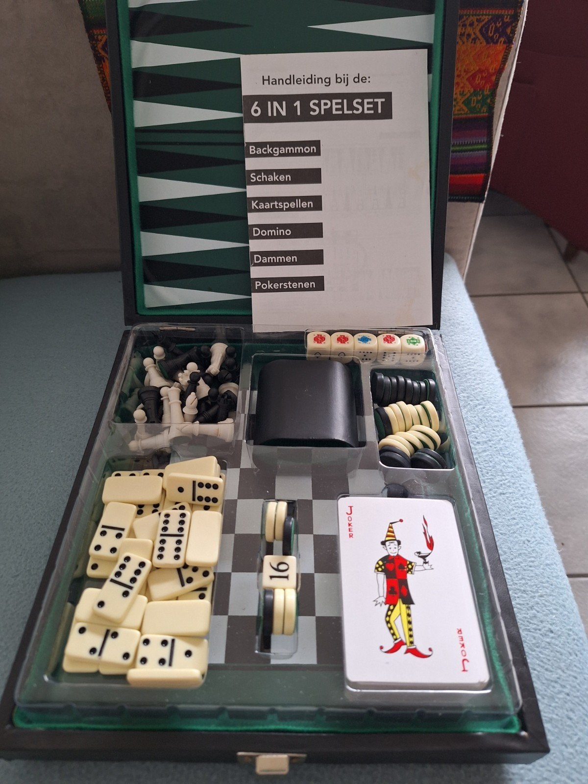 6-in-1 Spelset: Backgammon, Schaken, Kaartspellen, Domino, Een of twee spelers, Ophalen, Zo goed als nieuw