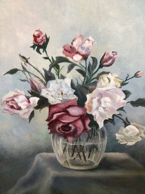 schilderij Rozen in glazen Vaas, 50x60 cm, in lijst, Antiek en Kunst, Kunst | Schilderijen | Klassiek, Ophalen, Overige stijlen