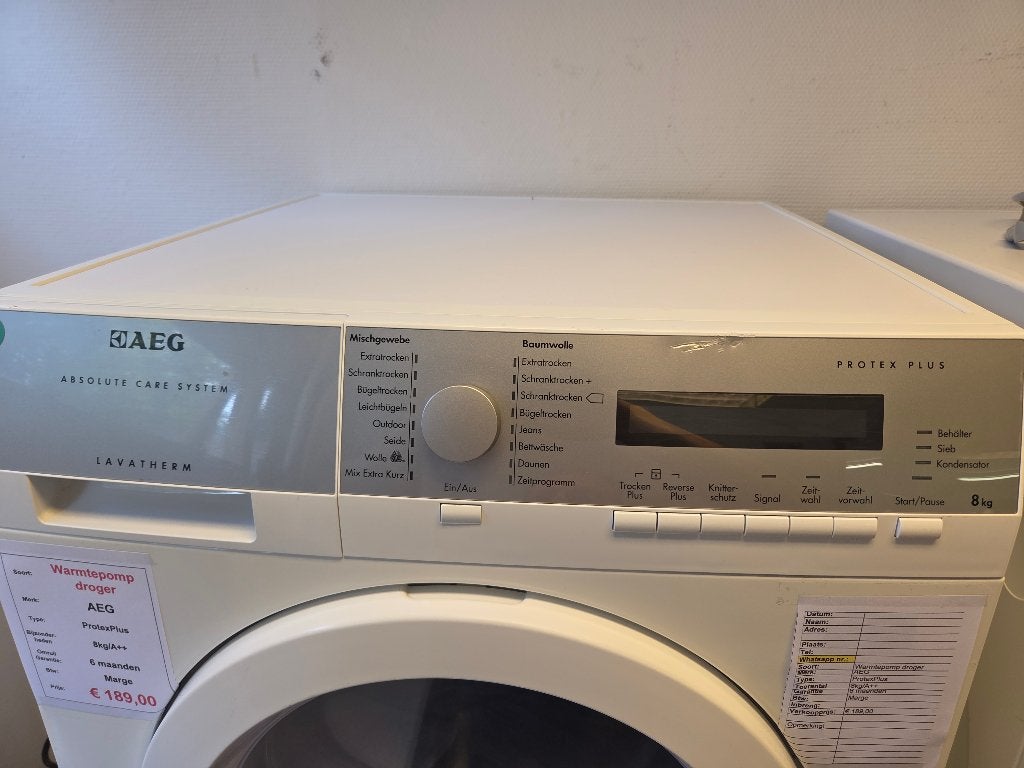 warmtepompdroger - AEG - 8kg - A++, Witgoed en Apparatuur, 8 tot 10 kg, Refurbished, Condens, Ophalen
