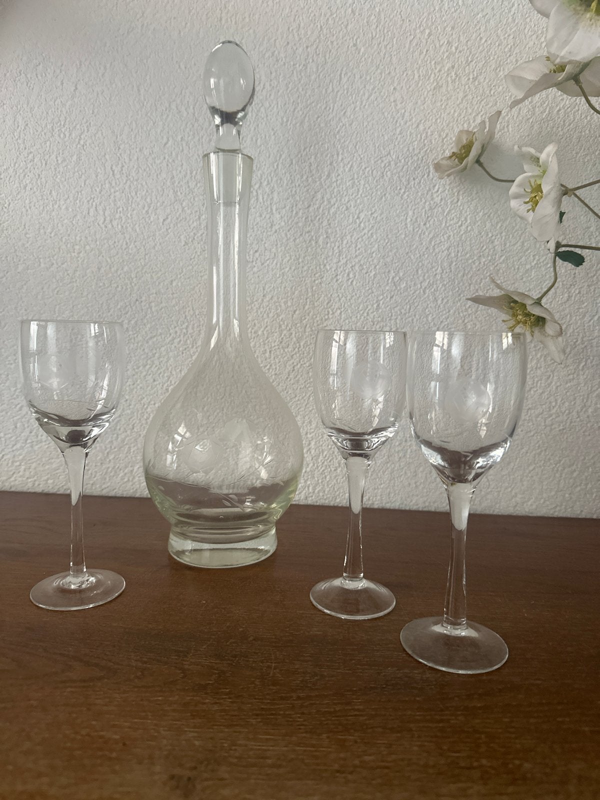 Vintage karaf met 3 likeurglaasjes - Kristalglas, Ophalen