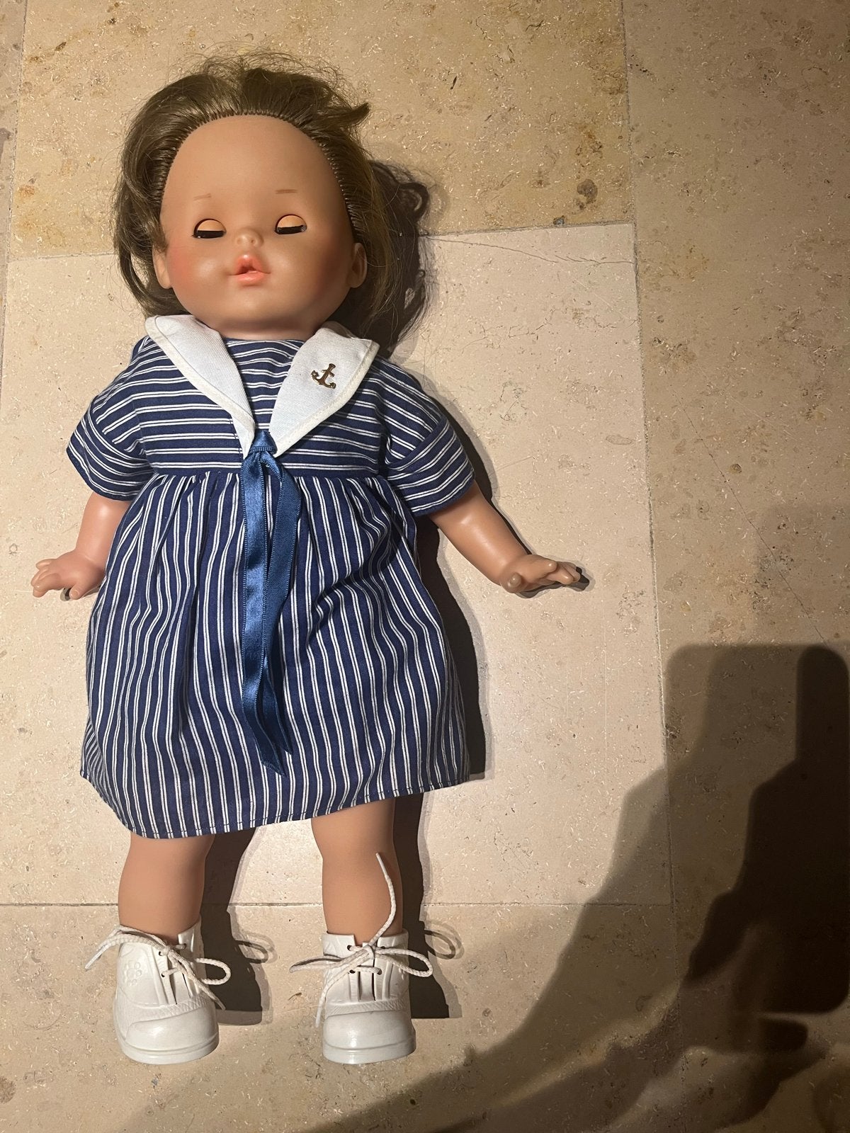 Vintage ZAPF Babypop met Matrozenjurk en Schoentjes, Verzamelen, Ophalen of Verzenden, Zo goed als nieuw, Babypop