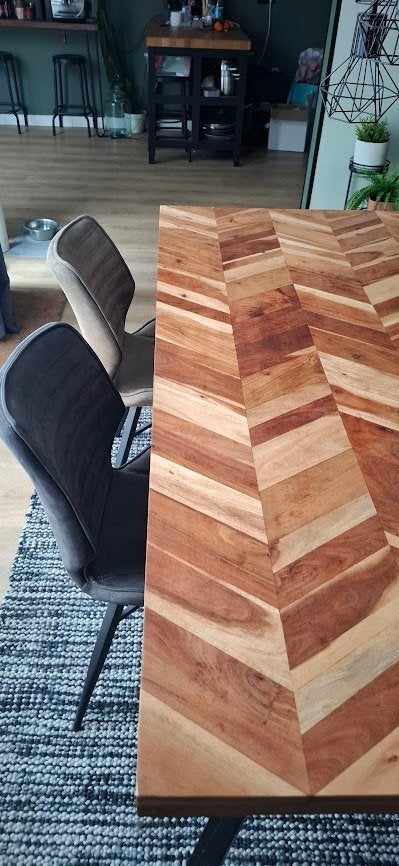 Visgraat motief tafel plus 5 x stoel, Ophalen, Gebruikt, 100 tot 150 cm, 50 tot 100 cm