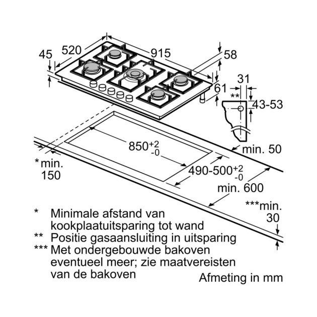 Siemens EP9A6SS90N Inbouw Gaskookplaat (5-pits), Ophalen, Gebruikt, Inbouw, Gas