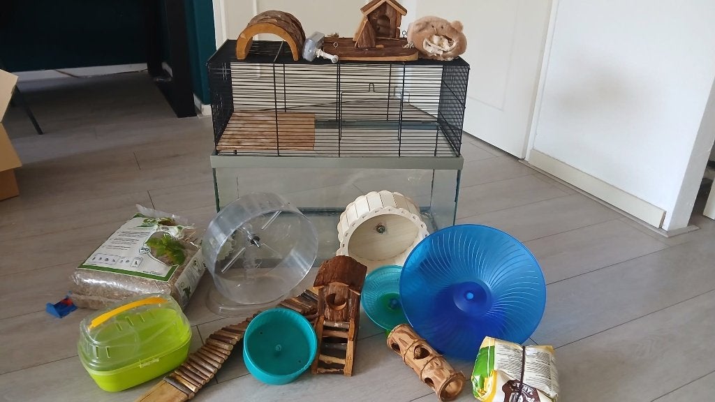 Ferplast Gabry 60 gerbil hamsterkooi met veel speeltjes, Kooi, Gebruikt, 60 tot 90 cm, Minder dan 75 cm
