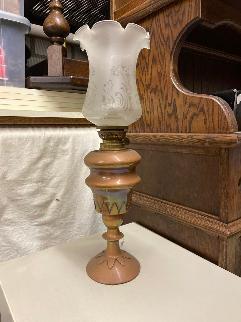 Antieke olielamp met geëtst glas, Antiek en Kunst, Antiek | Lampen, Ophalen