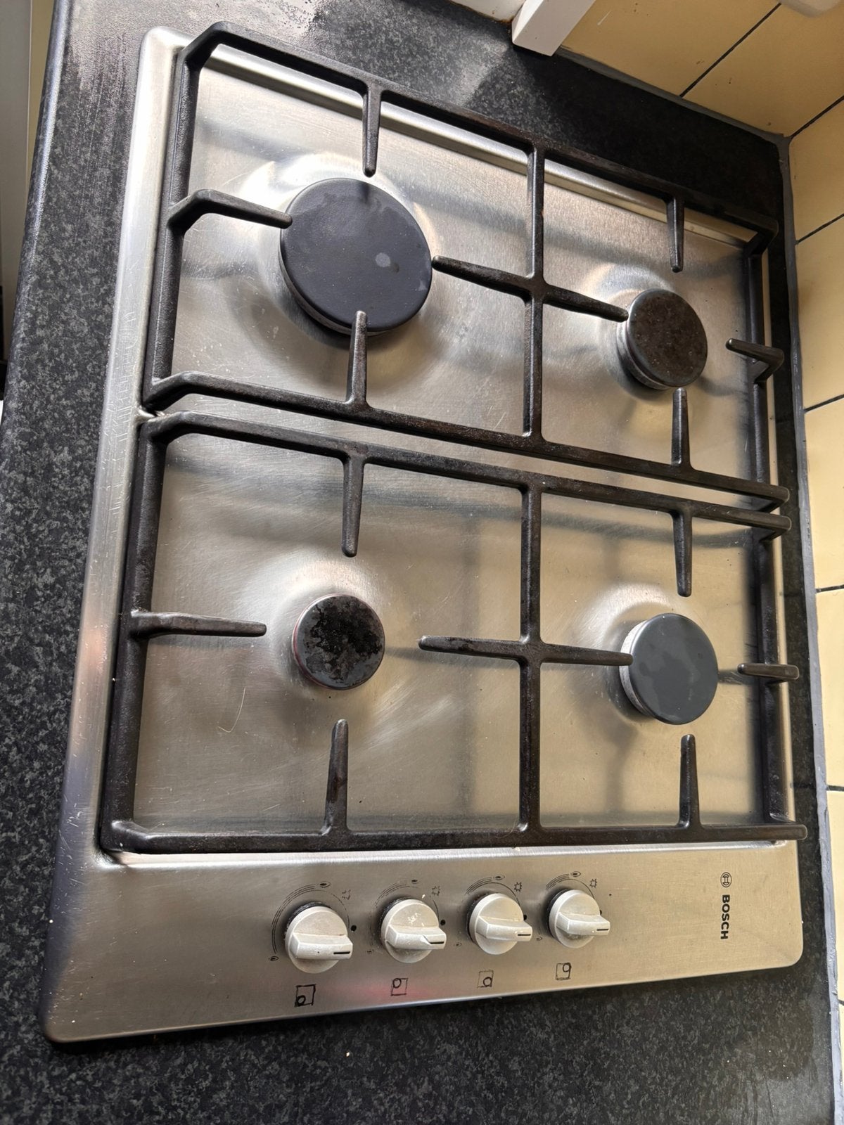 Bosch RVS Gaskookplaat, Witgoed en Apparatuur, Kookplaten, Ophalen, Gebruikt, 4 kookzones, Inbouw