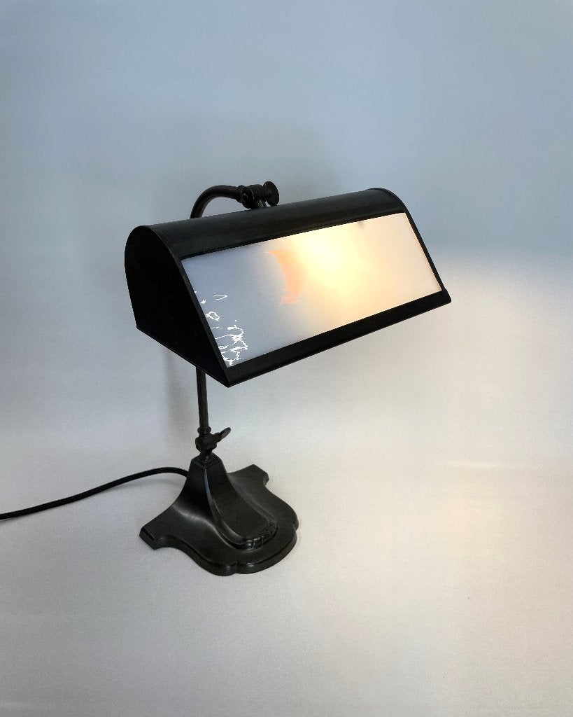 bankierslamp, notarislamp, bureaulamp jaren ’50 vintage, Gebruikt, Groen, 39 cm, Glas