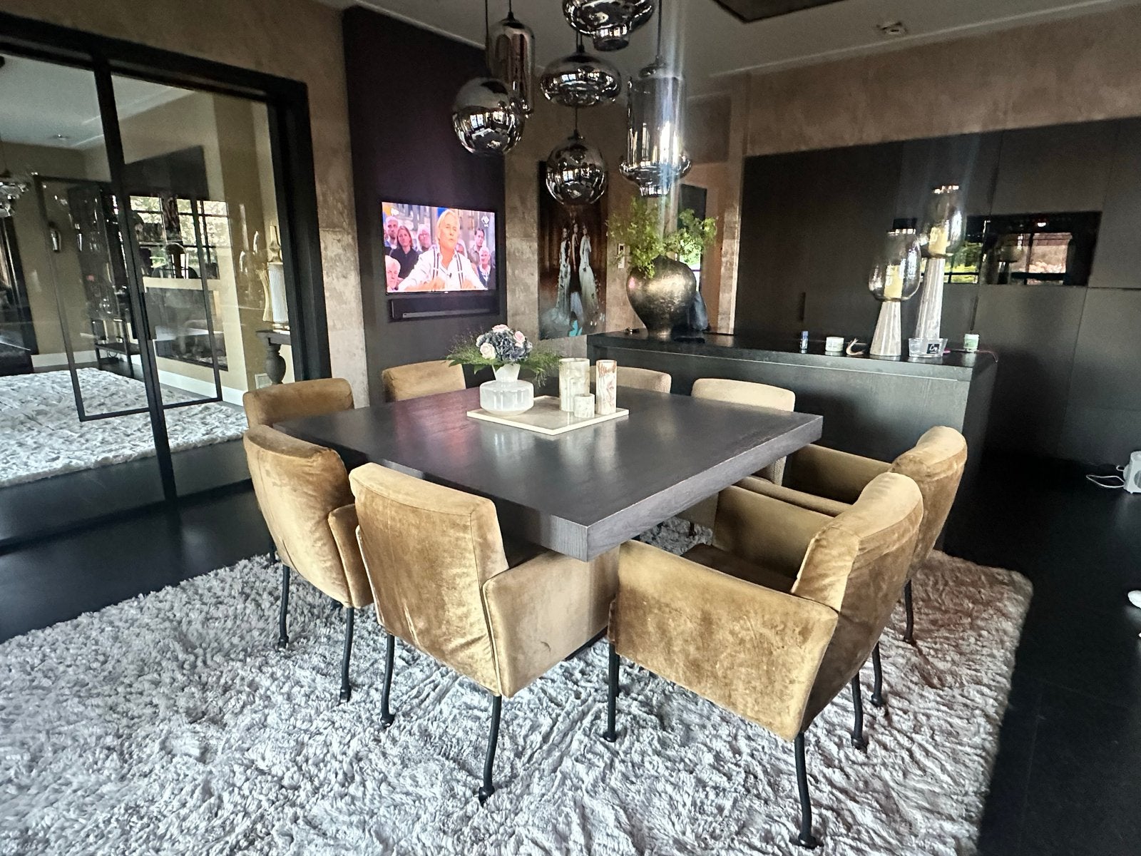 Vierkante eettafel 150x150cm met 8 stoelen, Huis en Inrichting, 150 tot 200 cm, Vierkant, Ophalen of Verzenden, Zo goed als nieuw