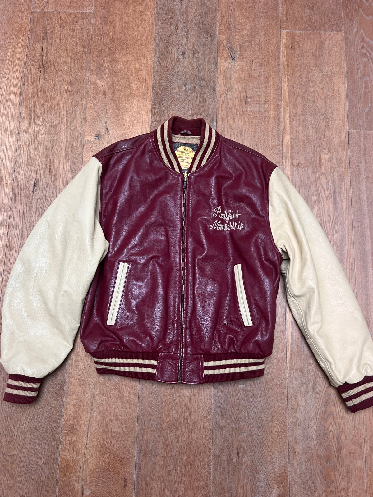 Vintage Redskins Leren Varsity Collegejack Rood/Beige XL, Kleding | Heren, Ophalen of Verzenden, Gedragen, Maat 56/58 (XL), Rood