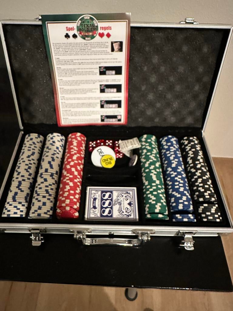 Complete Texas Hold'em Pokerset in Koffer, Hobby en Vrije tijd, Gezelschapsspellen | Kaartspellen, Ophalen, Zo goed als nieuw