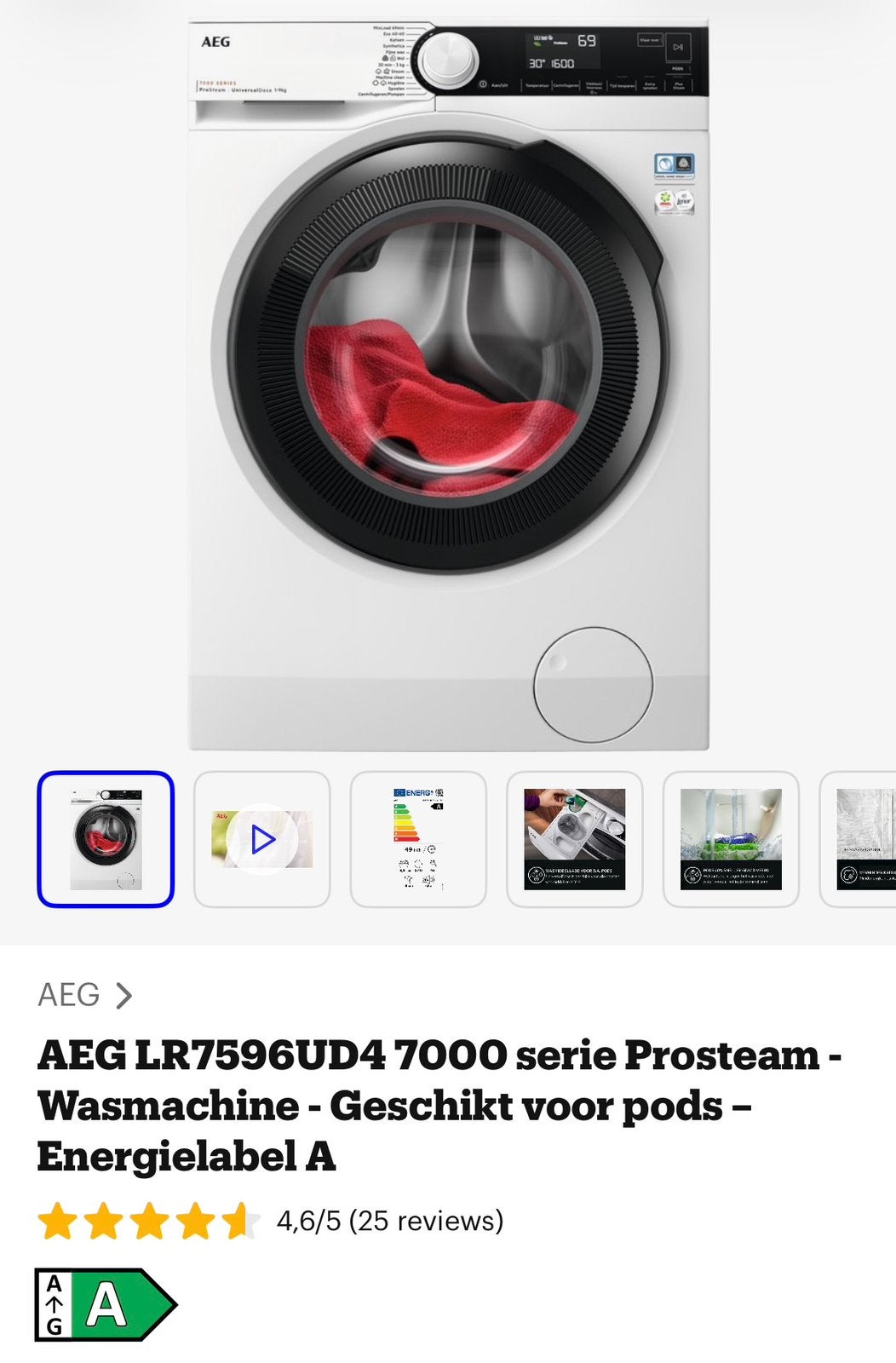 AEG Wasmachine 7000 series Prosteam Energielabel A, Witgoed en Apparatuur, Wasmachines, Ophalen, 8 tot 10 kg, 85 tot 90 cm, 1600 toeren of meer